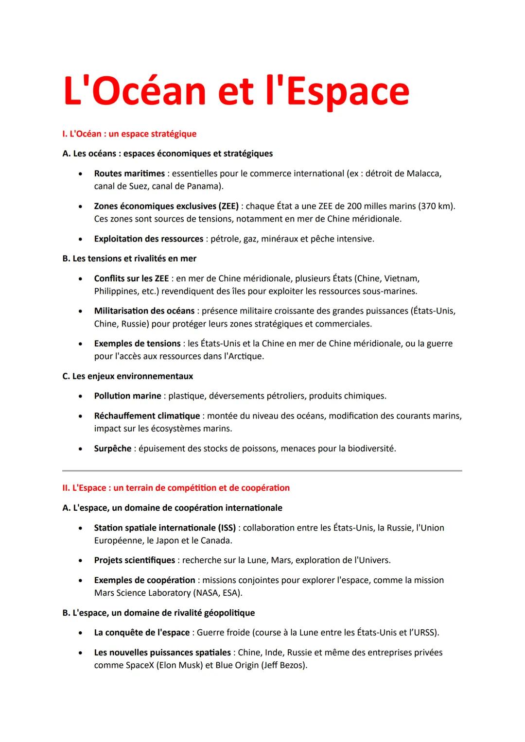 # L'Océan et l'Espace
I. L'Océan: un espace stratégique
A. Les océans: espaces économiques et stratégiques
- Routes maritimes: essentielles