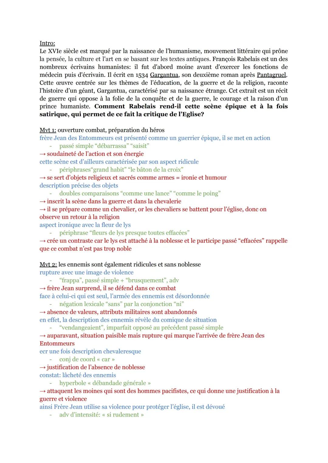 Explication Linéaire - extrait du chap XXVII de Gargantua, Rabelais