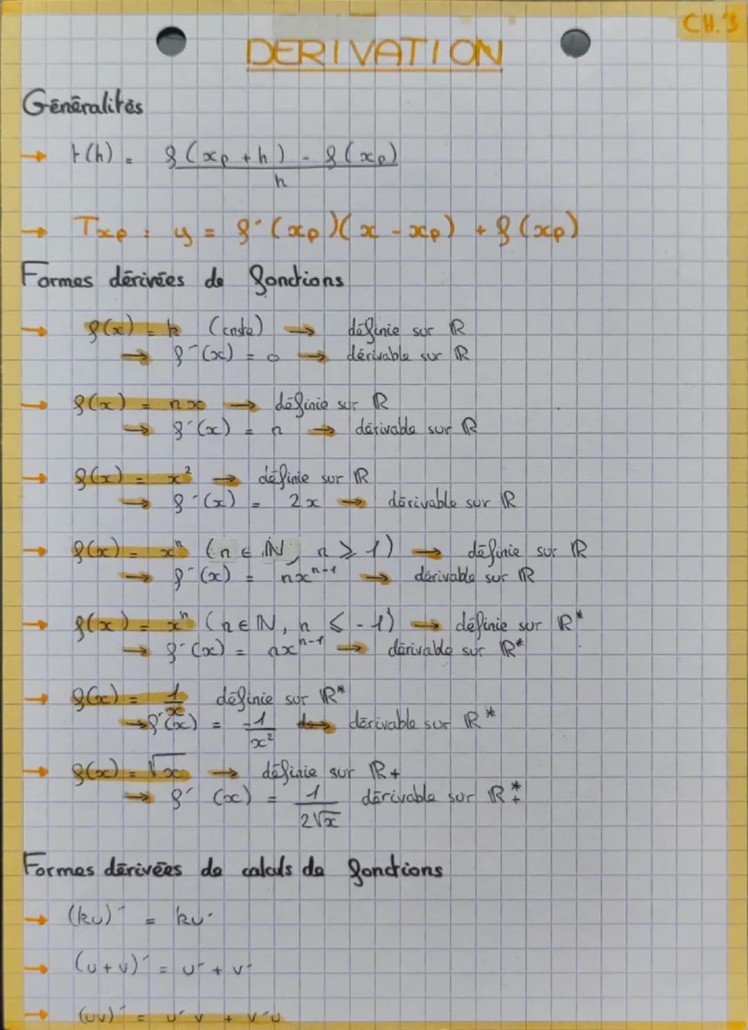 # DERIVATION
Généralités
$\rightarrow$ $t(h) = \frac{g(x_0 + h) - g(x_0)}{h}$
$\rightarrow$ $T_x : y = g'(x_0)(x - x_0) + g(x_0)$
Form