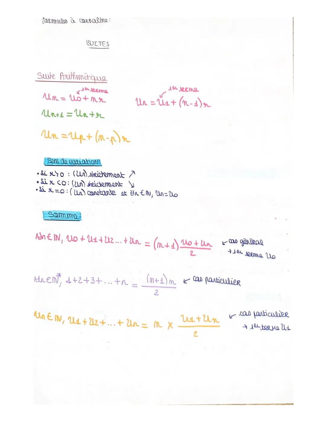 farmules à connatme:
SULTES
Suite Arithrmétique
teeme
Um = Uo+mr
Un+1 = Untr
Un=Up+(m-p)r
Sens de variation
• Sirro: (Un) sheichement $