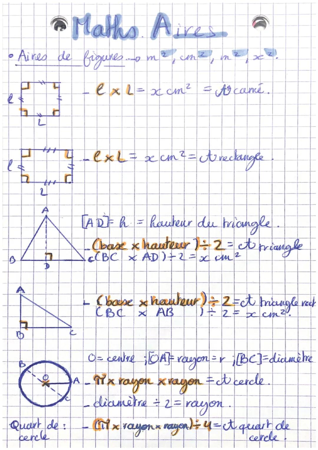 。 Aires de figures
410
e
L
e l=
A
* Maths Aires a
2
A
HA
U
Quart de:
cercle
om
in 2
-
2
in
ex l = xcm² = Arcamé.
exL = x cm² = A rectangle
[