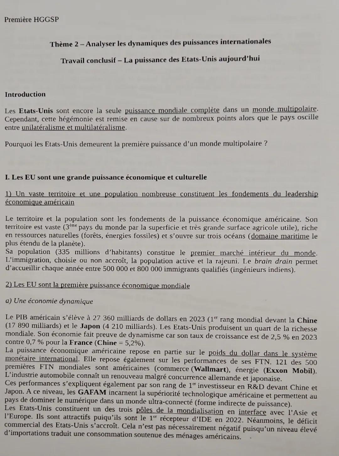 Première HGGSP
Thème 2 - Analyser les dynamiques des puissances internationales
Travail conclusif - La puissance des Etats-Unis aujourd'hui