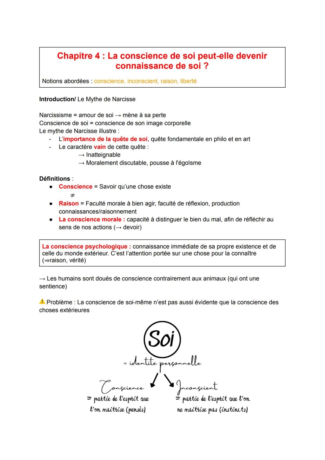 # Chapitre 4: La conscience de soi peut-elle devenir
connaissance de soi ?
Notions abordées: conscience, inconscient, raison, liberté
Intr