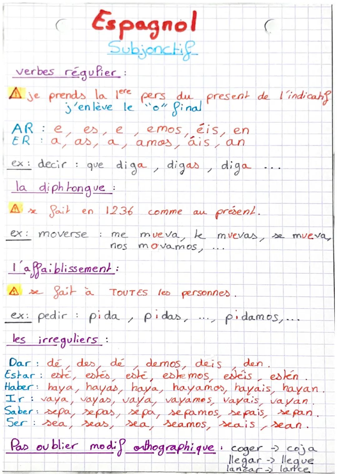 C
verbes régulier:
A je prends la jere pers du present de l'indicatif
j'enlève le "o" final
AR : e, es,
e
ER a, as, a
A
Espagnol
Subjonctif