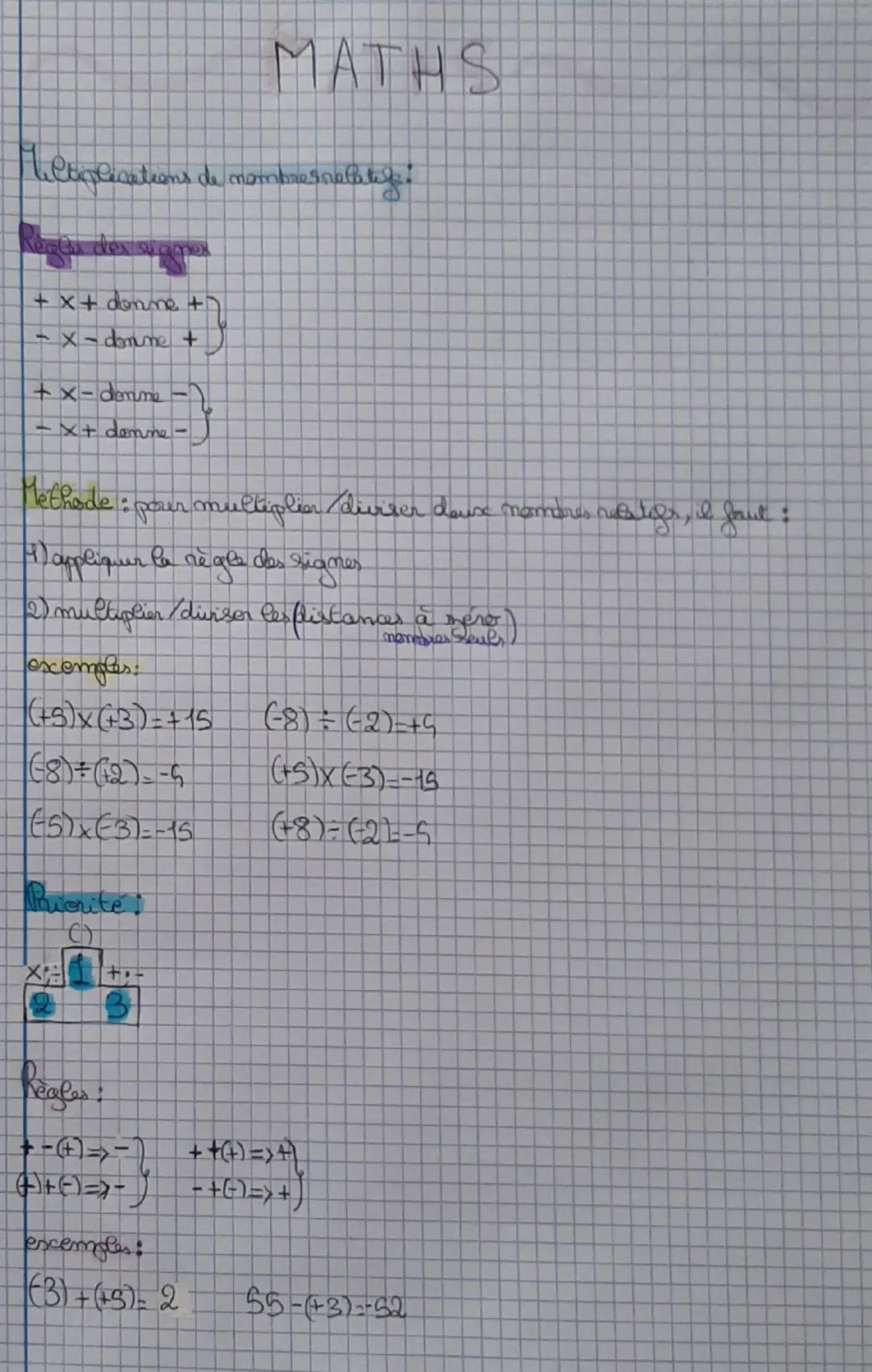 MATHS
Viltiplications de nombres nabitife.
Regles des signer
+x+ donne +
-x-domme +
+x-denme -
-x+ donne -
Methode
le: pour multiplier divis