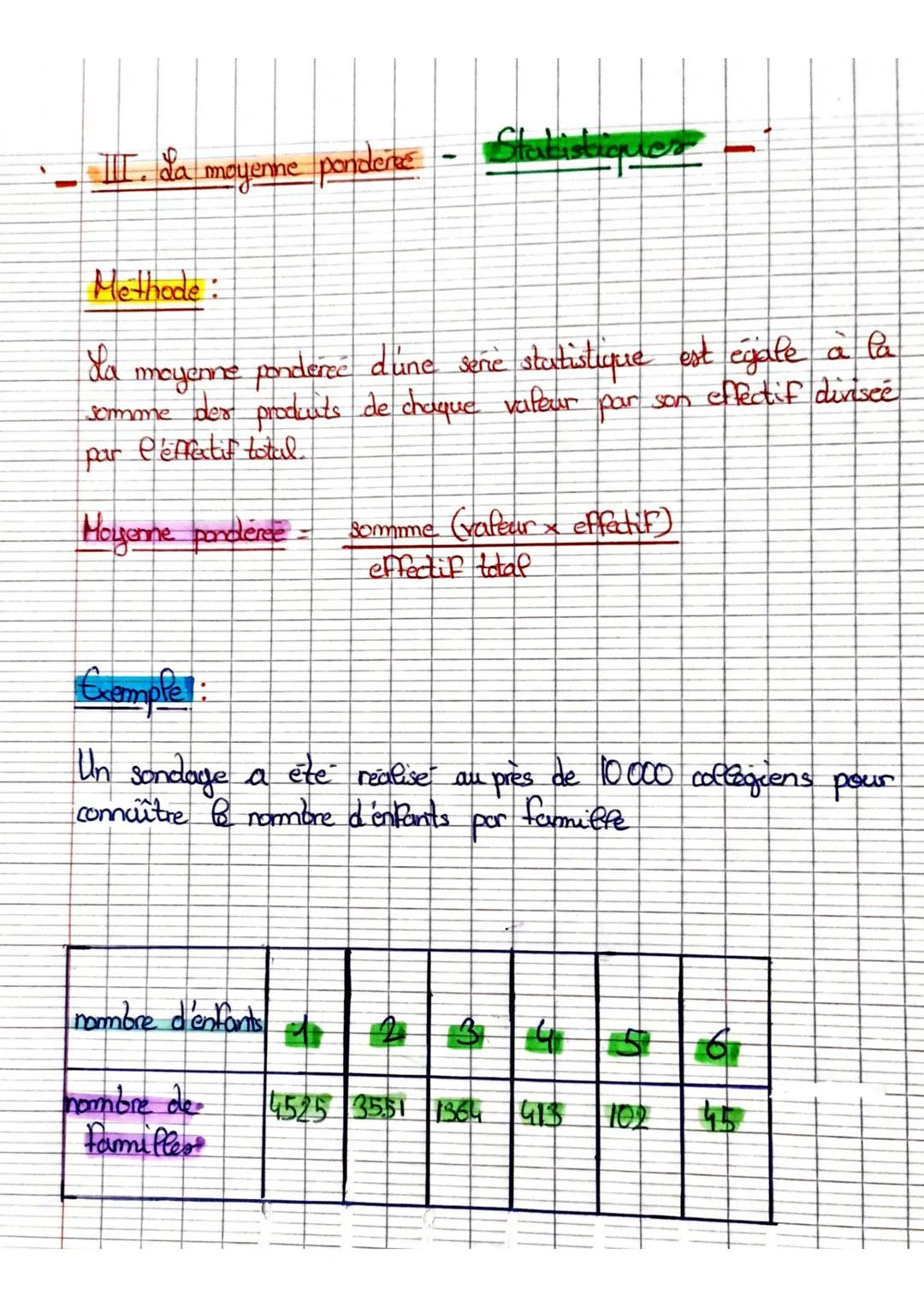III da moyenne pondence
Methode:
Statistiques
Sa
meyenne ponderce dune sere statistique est égale à la
somme der products de chaque valeur p