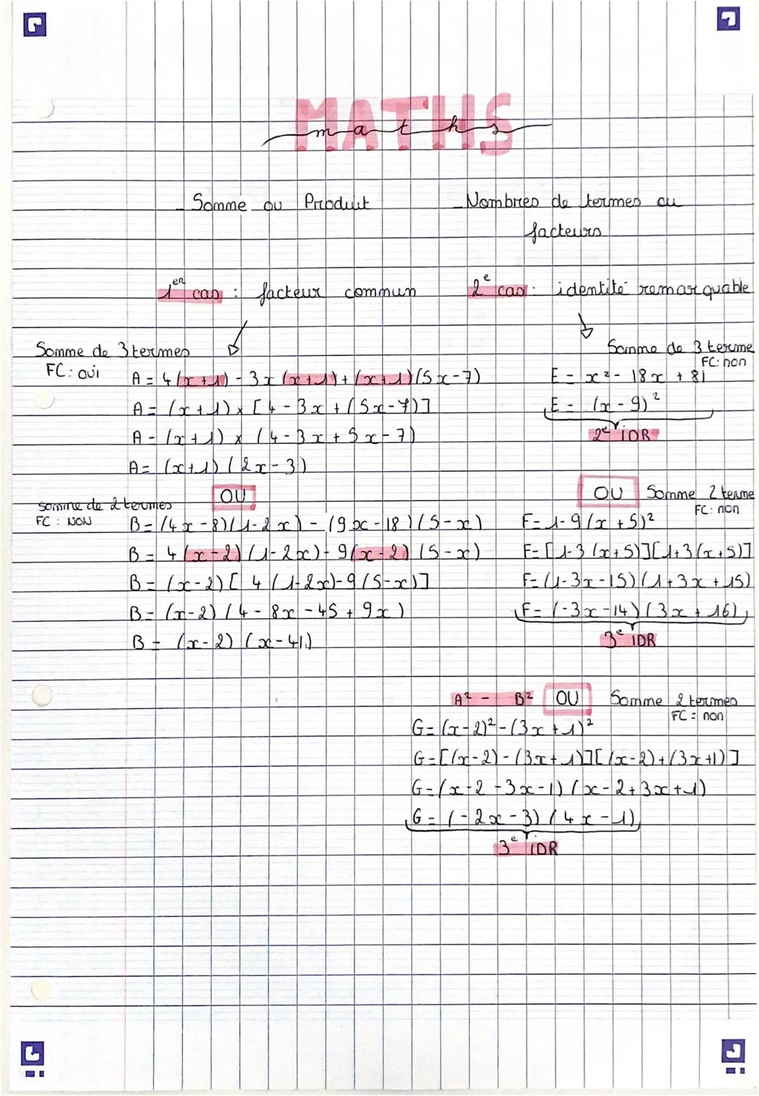 en
Somme ou
Can
Somme de 3 termes B
FC: oui
somine de 2 termes
FC: NON
m
Produit
facteur commun
Nombres de termes ou
facteurs
2² co
A = 4/5
