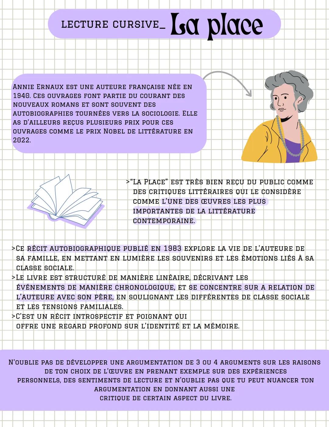 LECTURE CURSIVE_
La place
ANNIE ERNAUX EST UNE AUTEURE FRANÇAISE NÉE EN
1940. CES OUVRAGES FONT PARTIE DU COURANT DES
NOUVEAUX ROMANS ET SON