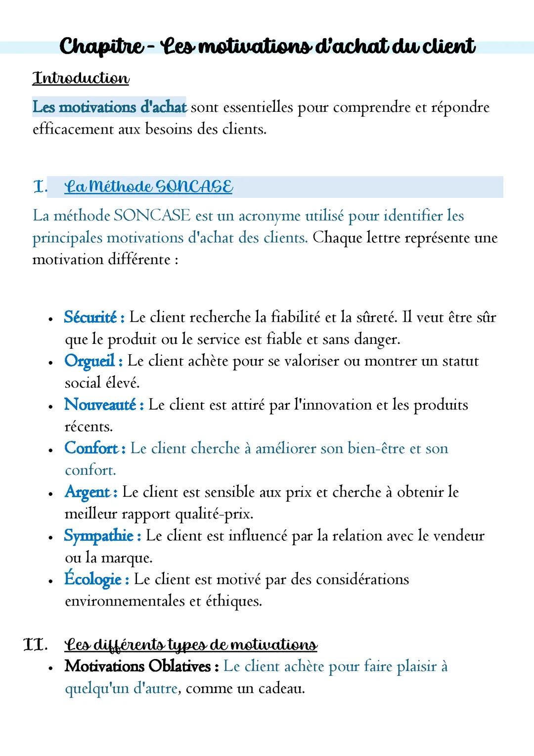 Les motivations d'achat du client