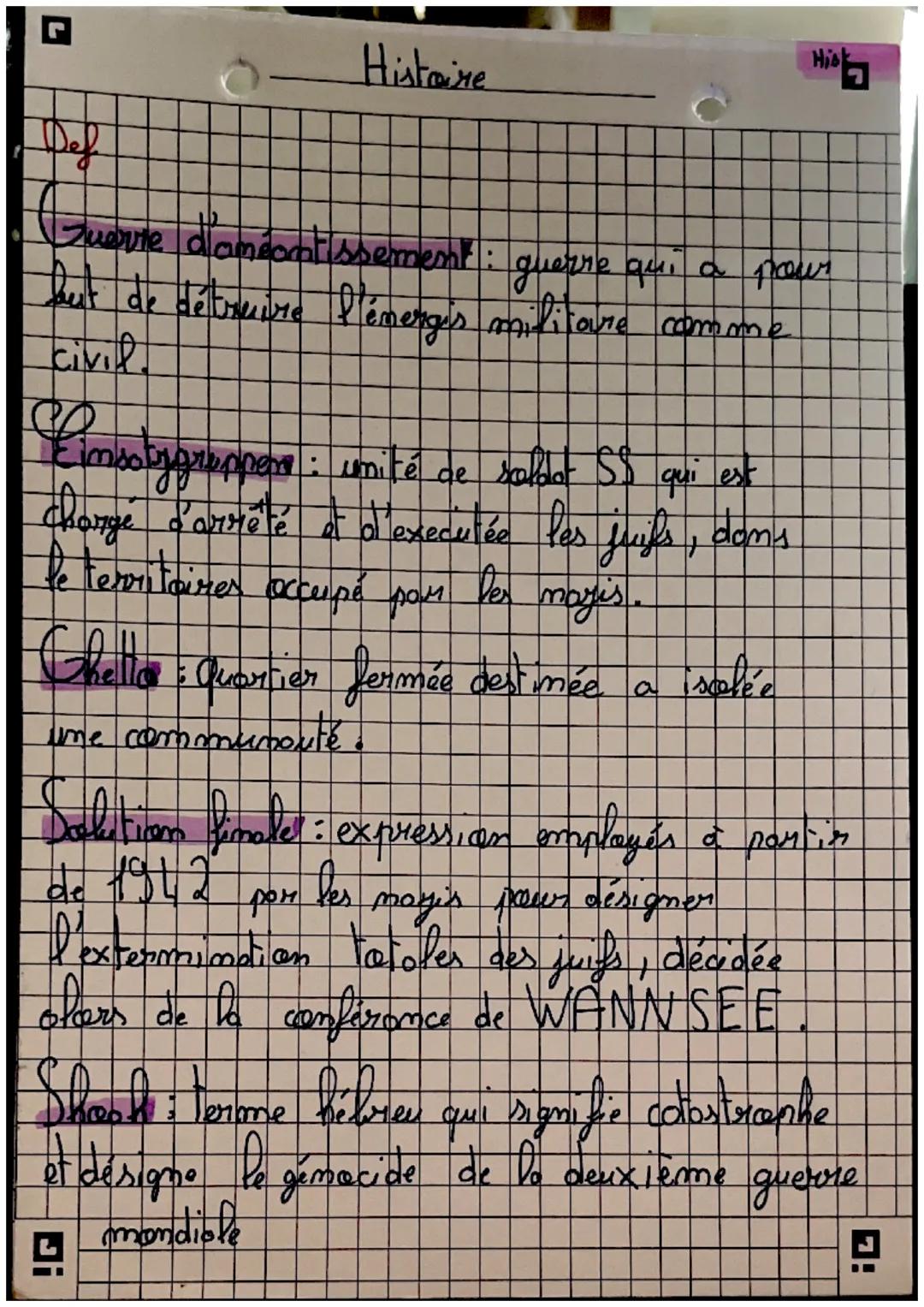 Histoire
Def
Juerre d'améontissement : guerre qui a pour
aut de détruire l'émengis militare comme
civil.
: unité de salact SS qui est
chan