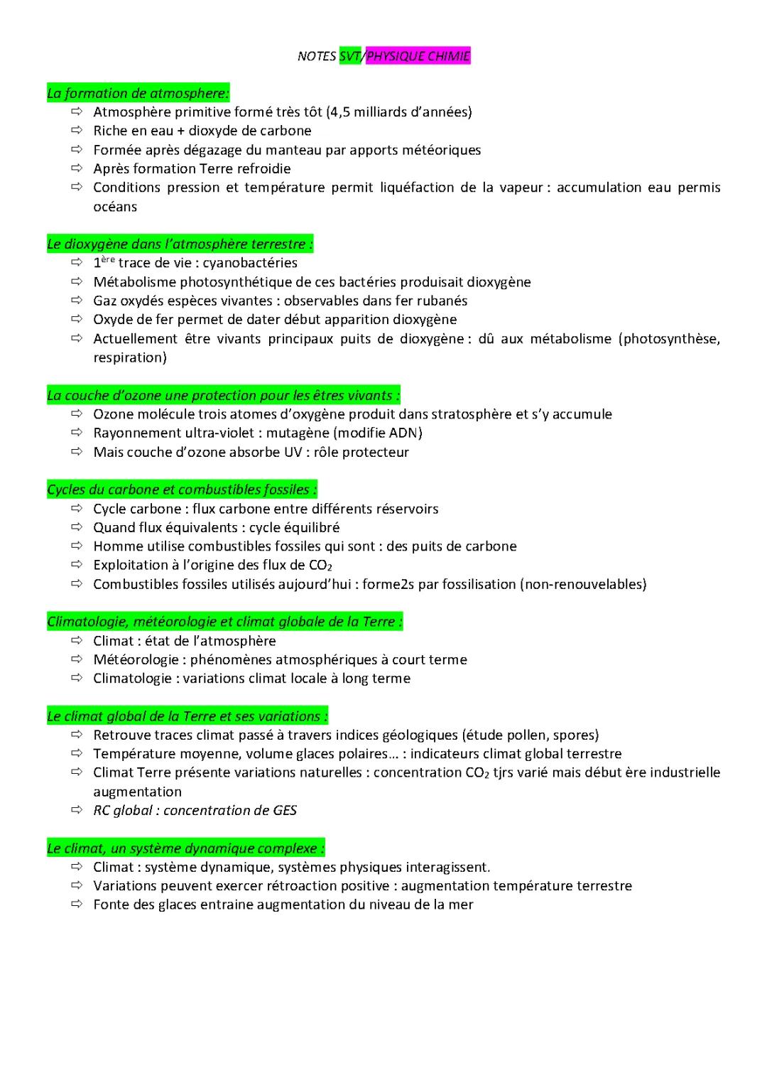 Notes de SVT et de Physique Chimie