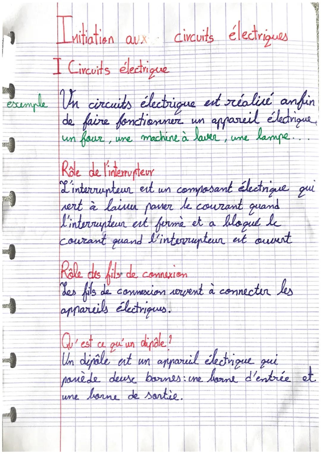 # Initiation aux circuits électriques
## I Circuits électrique
exemple Un circuits électrique est réalisé anfin
de faire fonctionner un ap