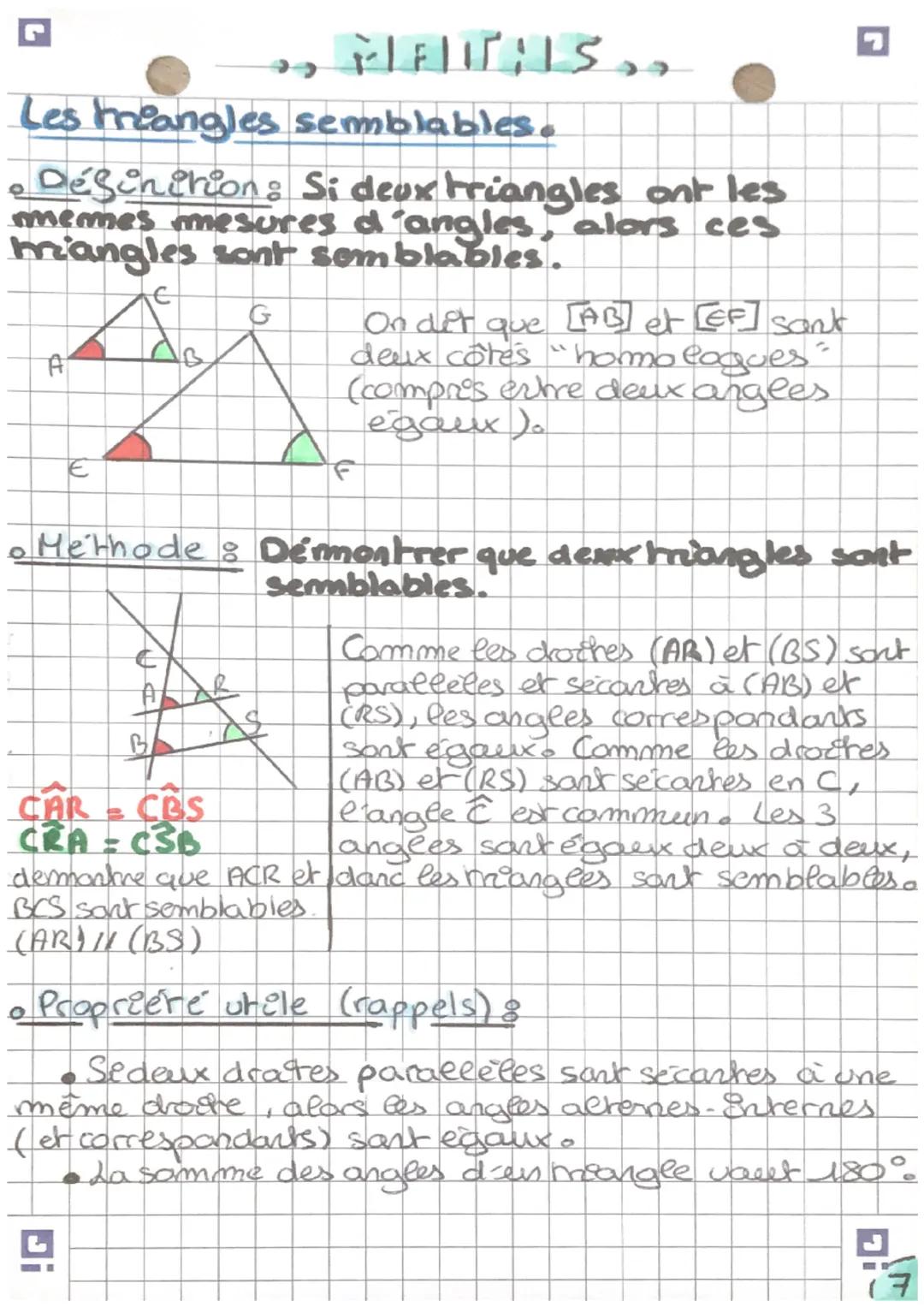 Les triangles semblables.
• Désinition: Si deux triangles ont les
memes mesures d'angles, alors ces
mangles sont semblables.
с
G
A
€
FELIS.