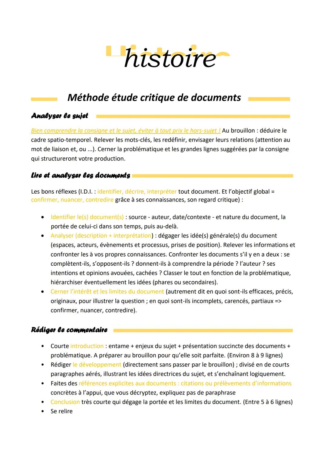 # histoire
Méthode étude critique de documents
Analyser le sujet
Bien comprendre la consigne et le sujet, éviter à tout prix le hors-suje