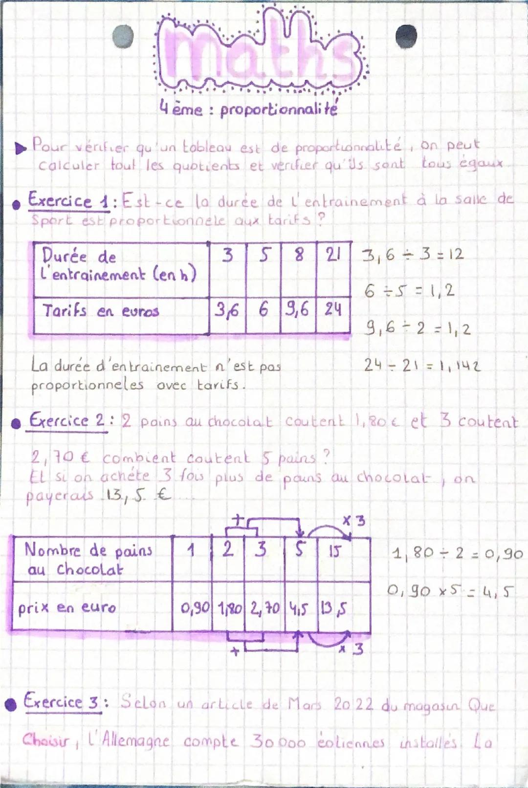 # Maths
4ème : proportionnalité
▶ Pour vérifier qu'un tableau est de proportionnalité, on peut calculer tout les quotients et vérifier qu'