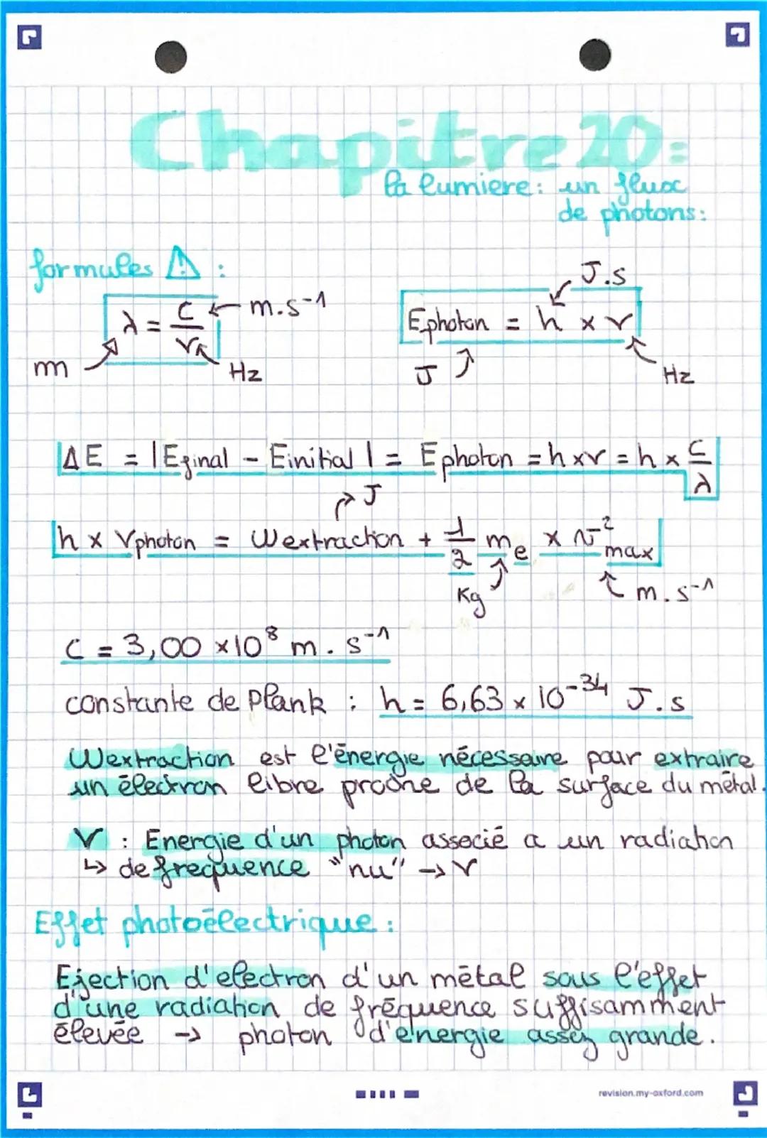 # Chapitre
la lumiere: un fluox
de photons:
formules A:
m $\lambda = \frac{c}{V}$ ←m.s-1
Hz
$\frac{J.s}{Ephoton = h \times r}$
J ↗
Hz