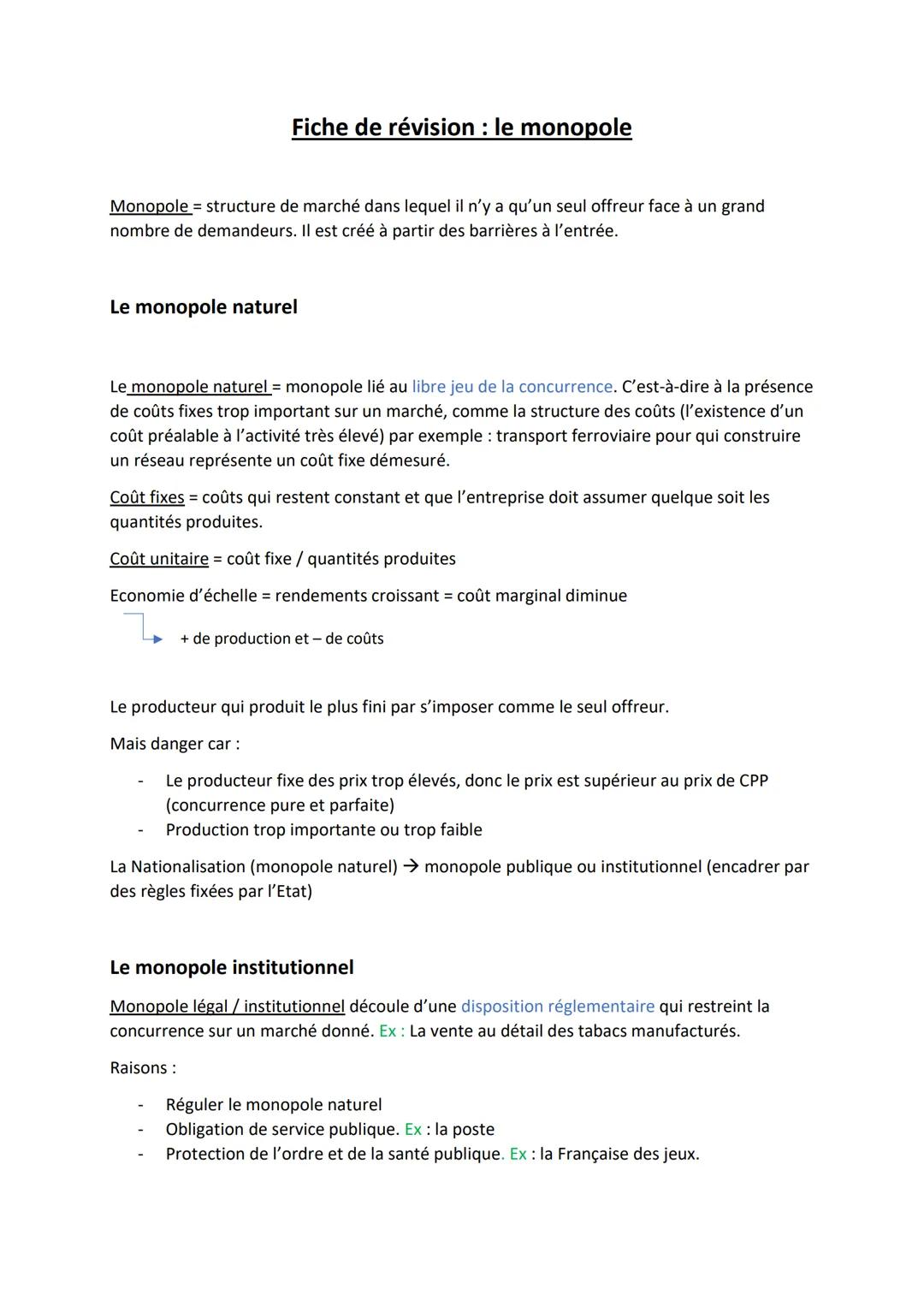 # Fiche de révision: le monopole
Monopole = structure de marché dans lequel il n'y a qu'un seul offreur face à un grand
nombre de demandeur