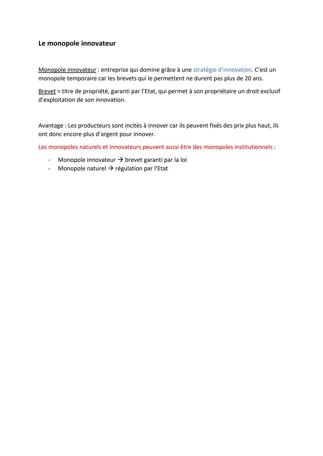 # Fiche de révision: le monopole
Monopole = structure de marché dans lequel il n'y a qu'un seul offreur face à un grand
nombre de demandeur
