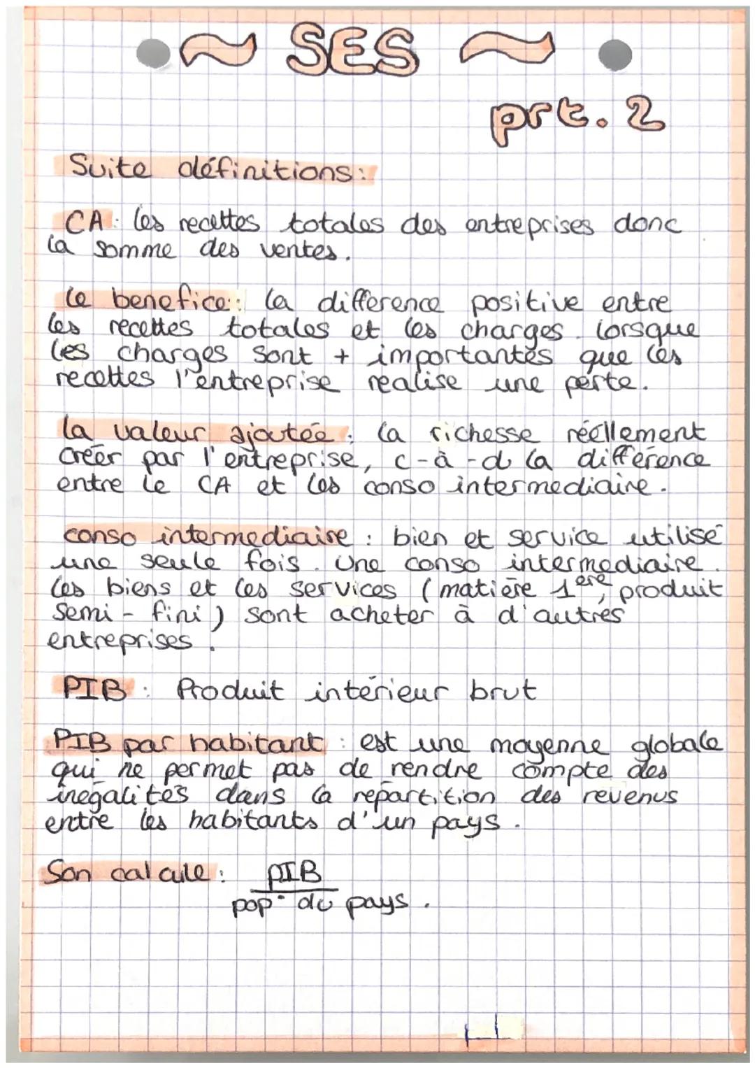 - Calculer:
SES
Chiffre d'affaire: prix x quantité
■Valeur ajoutee chiffre d'affaire - conso
intermédiaire.
■Bénéfice Ca- coûts de produ