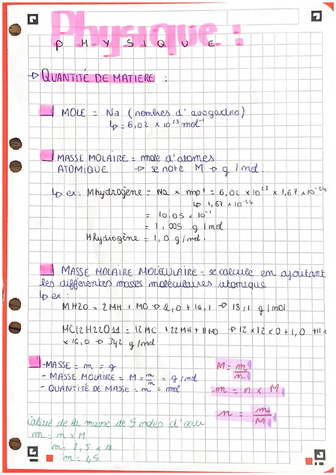 # Physique:
- QUANTITÉ DE MATIERE:
- MOLE Na (nombres d' avogadro)
16,02 x 10 23 mol
- MASSE MOLAIRE = mode a'atomes
ATOMIQUE se no