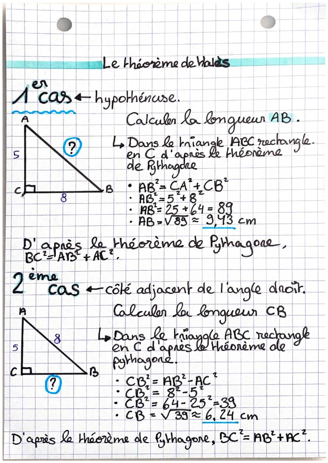 # Le théorème de Wales
er
1 cas hypothénase.
5
A
?
B
8
Calculer la longueur AB.
L. Dans le triangle ABC rectangle.
en C d'après théo