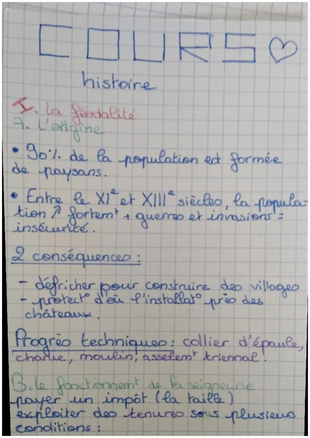 # COURS♡
histoire
I. la féodalité
a. L'origine
- 90%. de la population est formée de paysans.
- Entre le XI$^{e}$ et XIII$^{e}$ siècles