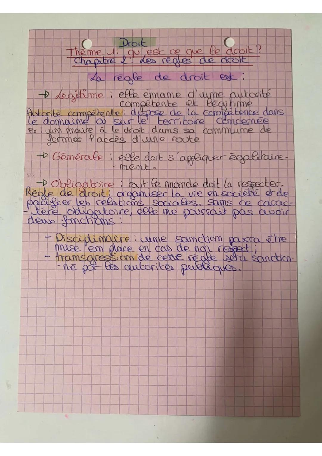 Droit
Theme : qui est ce que le droit?
Chapitre 2. Les règles de droit
La règle de droit est :
+ Legitime: elle emame d'ume autorité
compéte