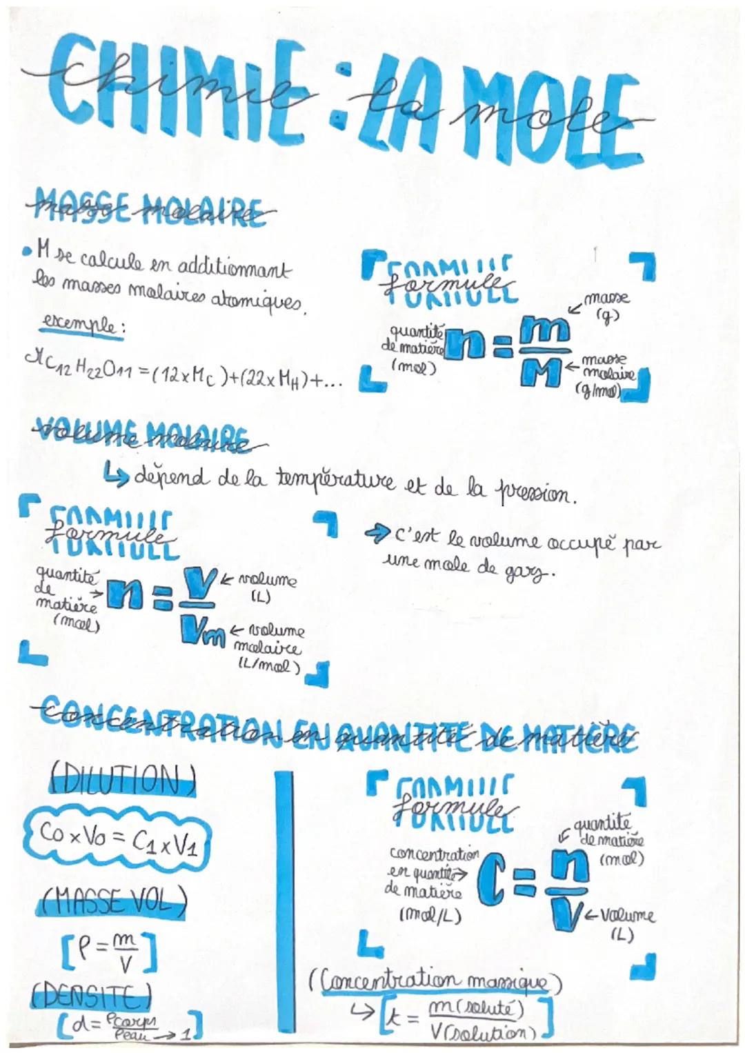 CHIMIE LA MOLE
MASSE MOLAIRE
•M se calcule en additionnant
les masses molaires atomiques,
exemple:
12 H₂2011 = (12xMc ) + (22x MH) +... L
VO