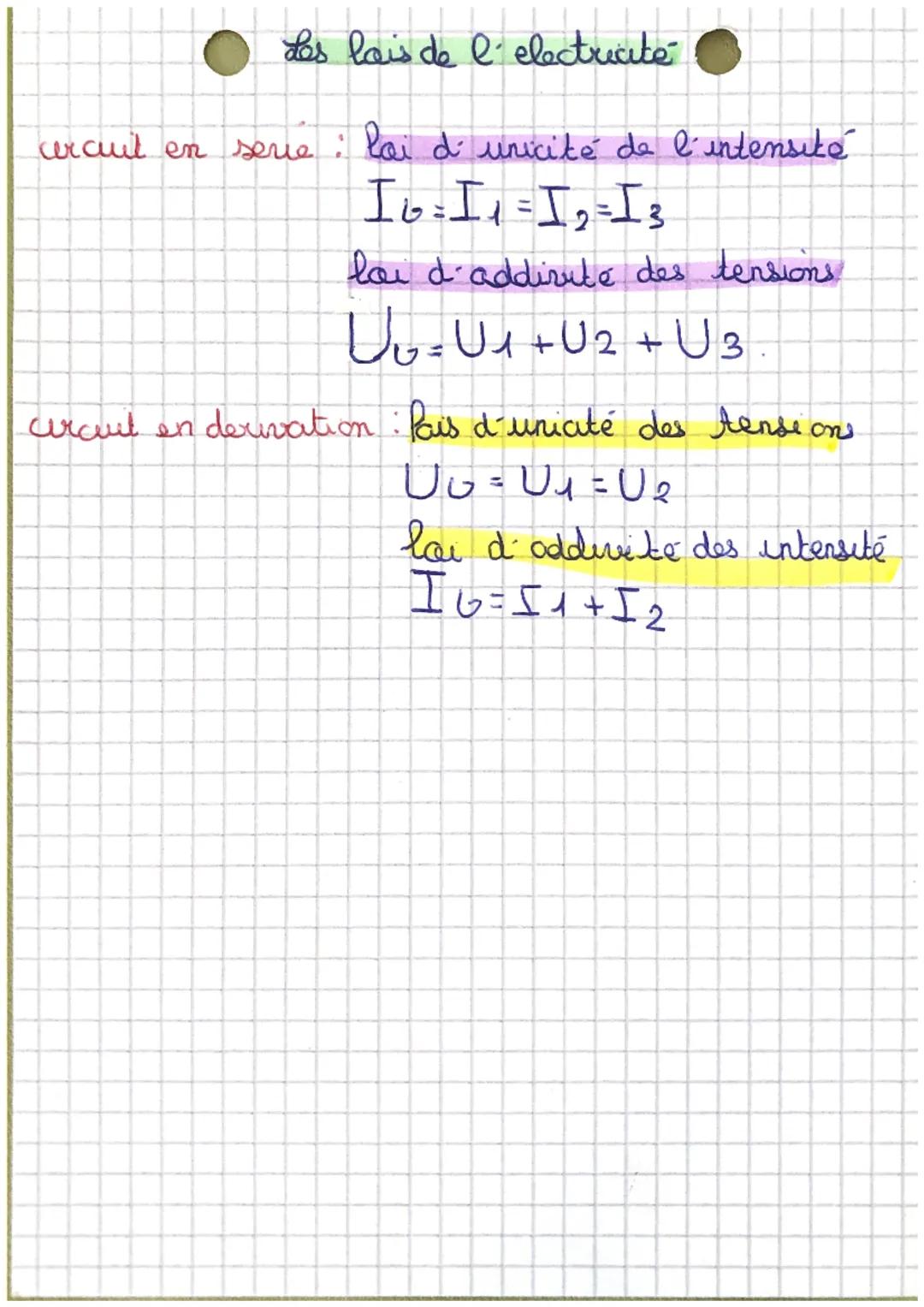 ● Les lais de l'electricité O
crauit en serie: lai d'unicité de l'intensité
I₁₁ = I₁ = 1₂ = 13
lai d'addirute des tensions
U₁ = U 1 + U2 + U