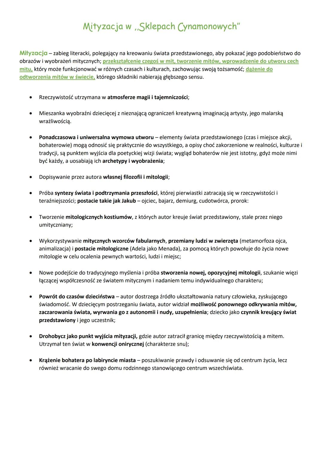 # Mityzacja w Sklepach Cynamonowych"
Mityzacja - zabieg literacki, polegający na kreowaniu świata przedstawionego, aby pokazać jego podobie