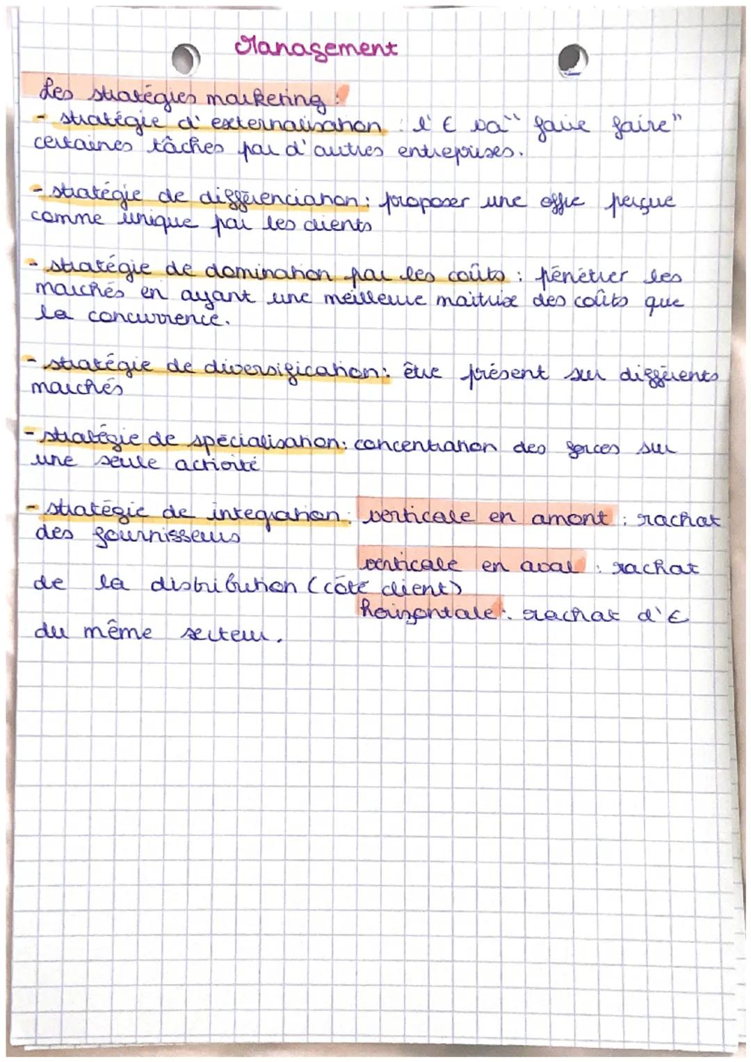 # Management
Les stratégies markering
- stratégie d' externalsanon I' E wa" fave faire"
certaines tâches par d'autres entreprises.
- straté