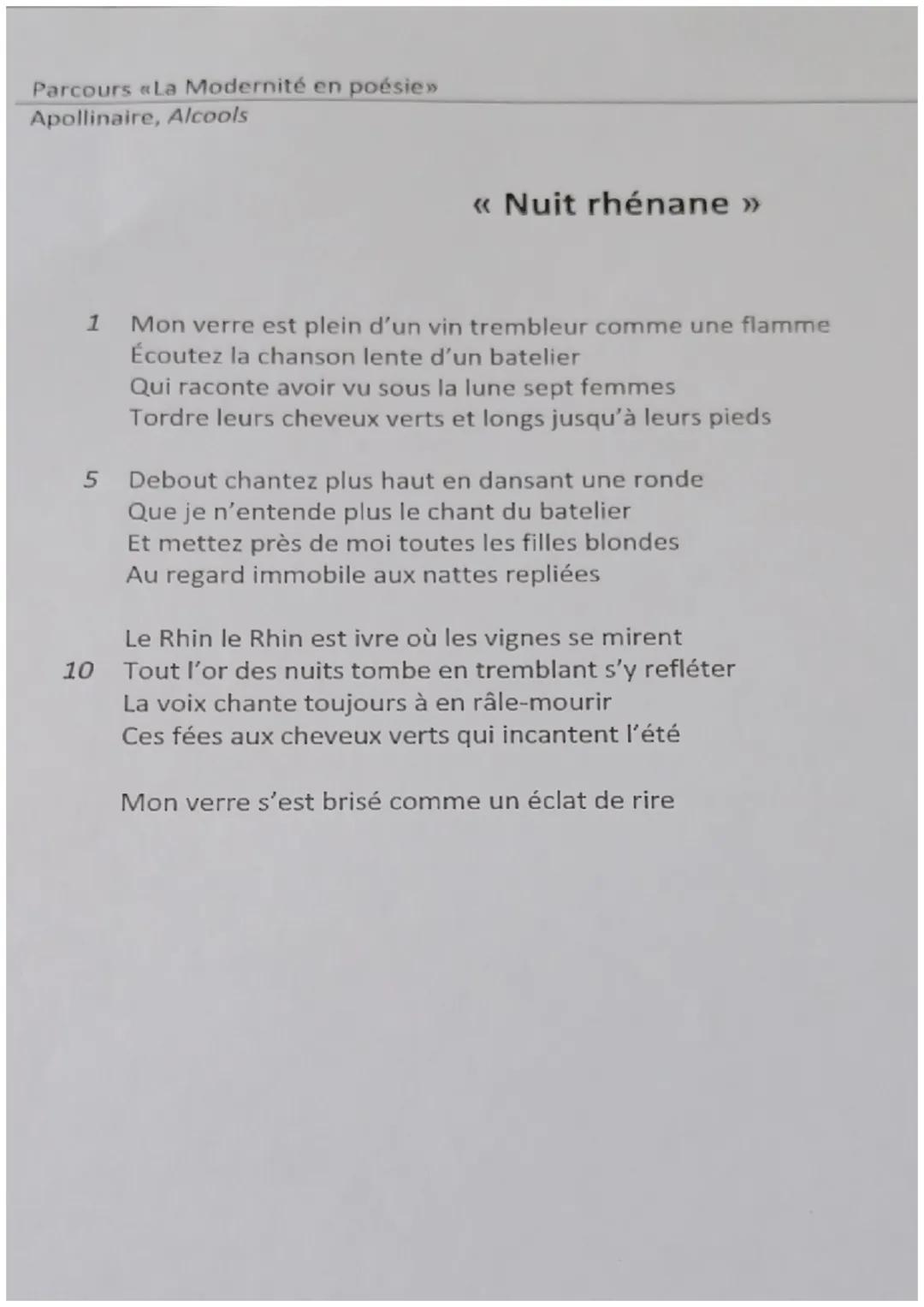 Parcours «La Modernité en poésie>>>
Apollinaire, Alcools
<<<< Nuit rhénane >>>>>
1 Mon verre est plein d'un vin trembleur comme une flamme