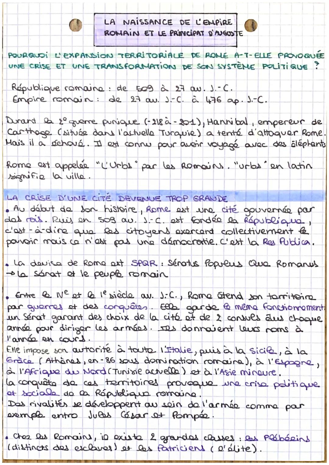 LA NAISSANCE DE L'EMPIRE
ROMAIN ET LE PRINCIPAT D'AUGUSTE
POURQUOI L'EXPANSION TERRITORIALE DE ROME A-T-ELLE PROVOQUÉE
UNE CRISE ET UNE TRAN