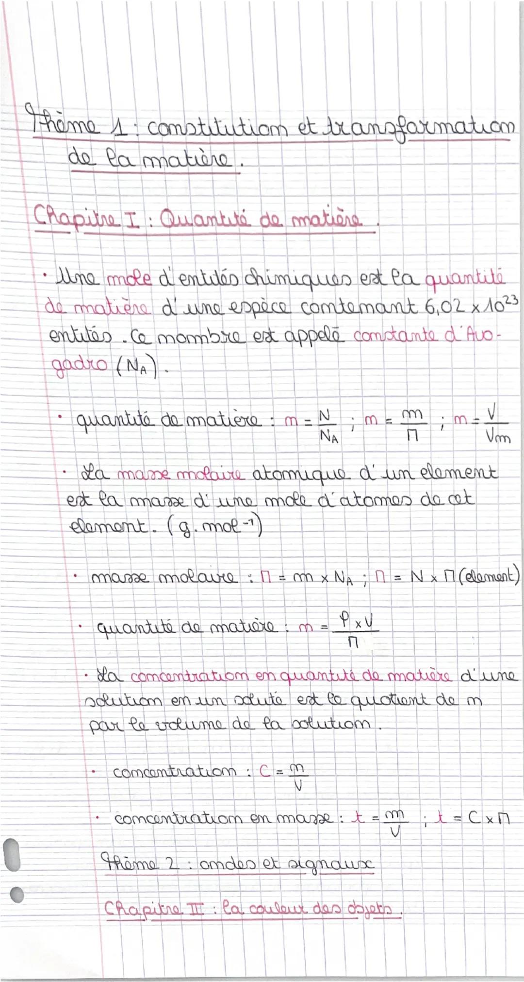 Quantité de matière, La couleur des objets et Dosages spectrophotometriques