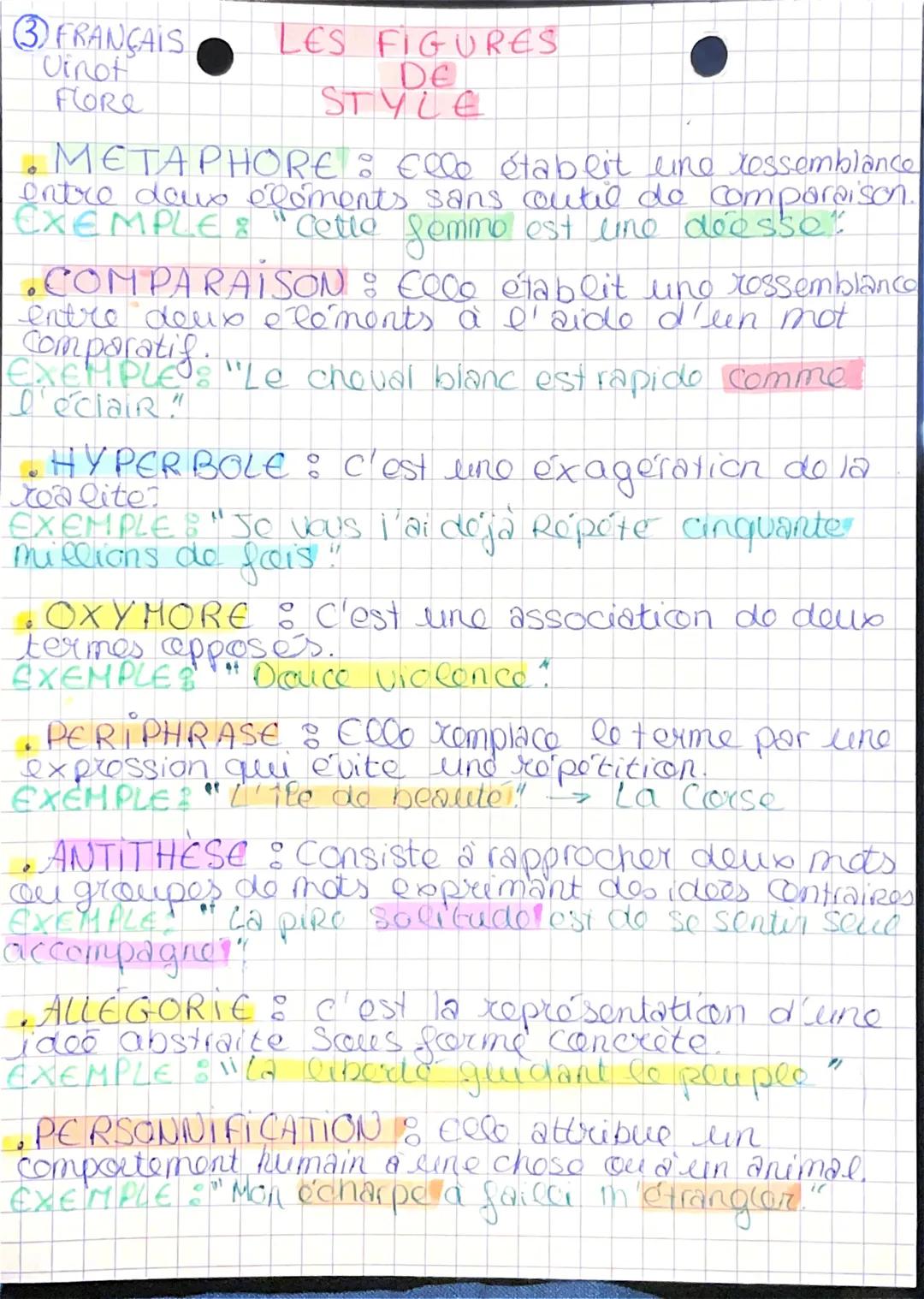 (3) FRANÇAIS
Vinot
FLORE
LES FIGURES
DE
STYLE
●
METAPHORE : Elle établit line ressemblance
entre deux éléments sans outil de comparaison.
EX