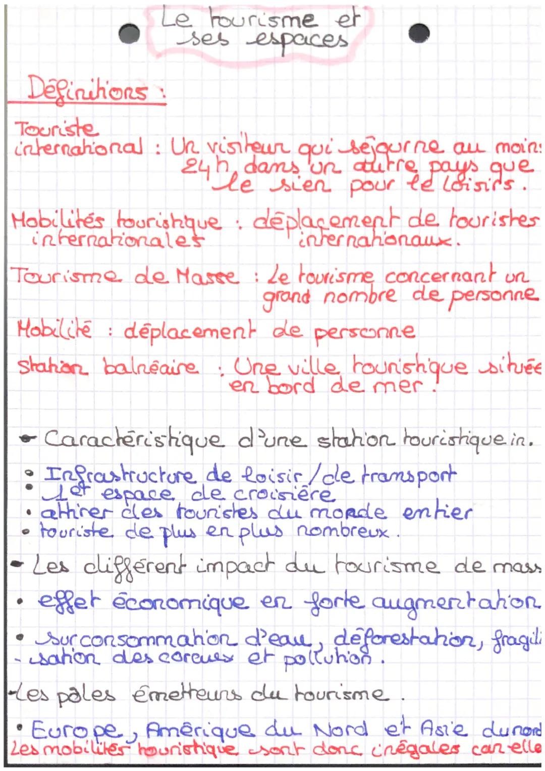 # Le tourisme et
ses espaces
Définitions:
Touriste
international: Un visiteur qui séjourne au moin:
24h dans un autre pays que
le sien pour
