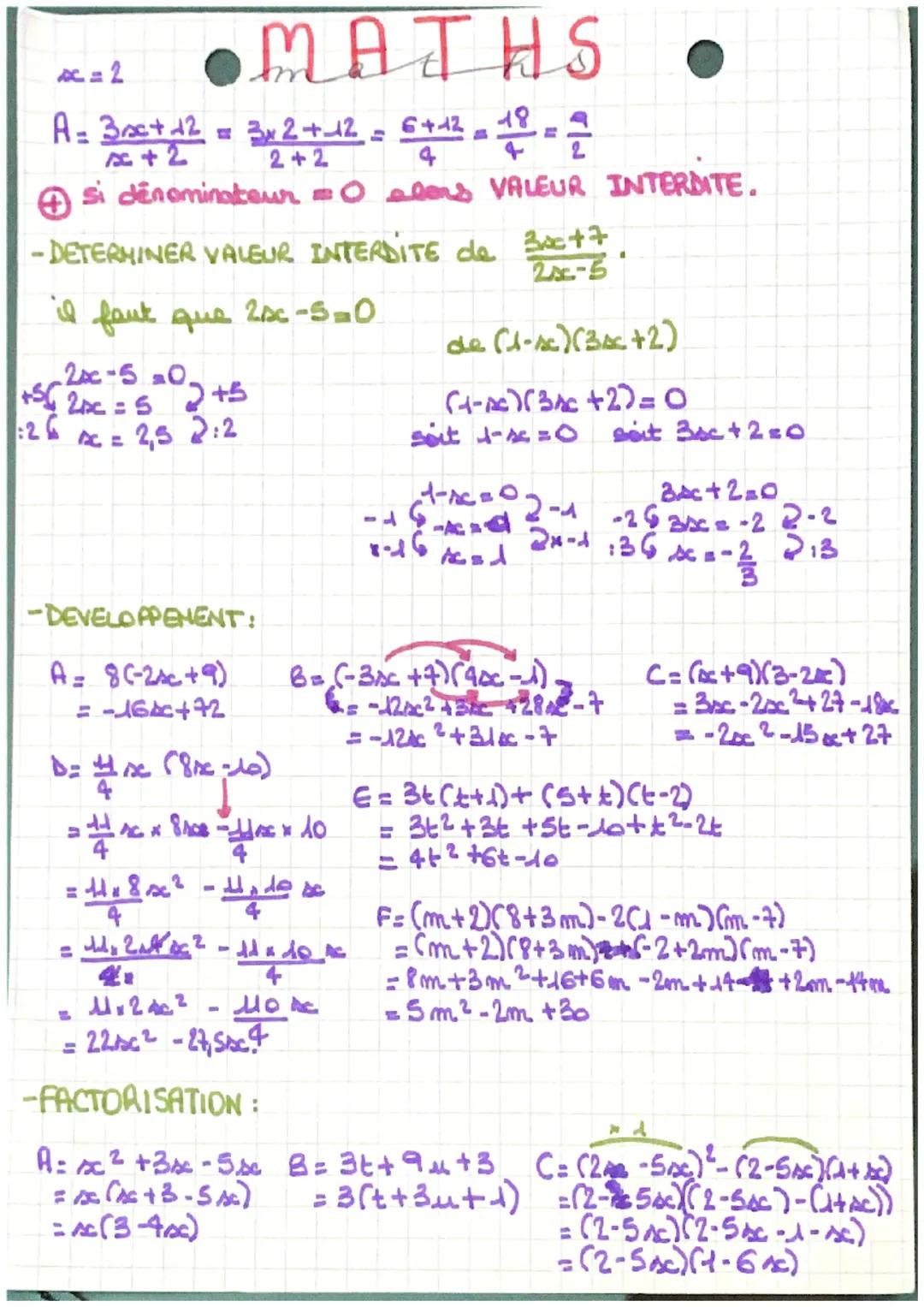 x=2
A = 3x+1²= 3x2 + 12 = 6+12= 18
x+2
2+2
si denominateur = 0 alors VALEUR INTERDITE.
+56 2pc=5
:26
F =
-DETERMINER VALEUR INTERDITE de 3x+