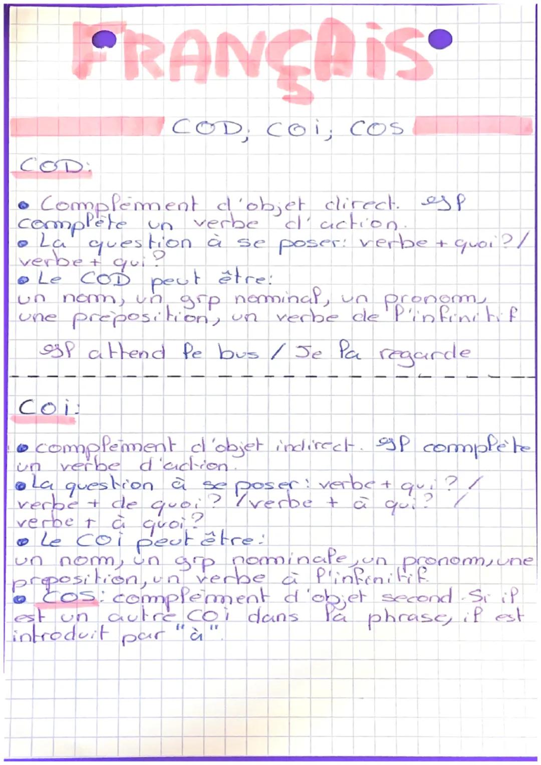 # FRANÇAIS
COD, COI, Cos
COD:
* Complement d'objet clirect. esp
complète un verbe d'action.
* La question à se poser: verbe + quoi?/