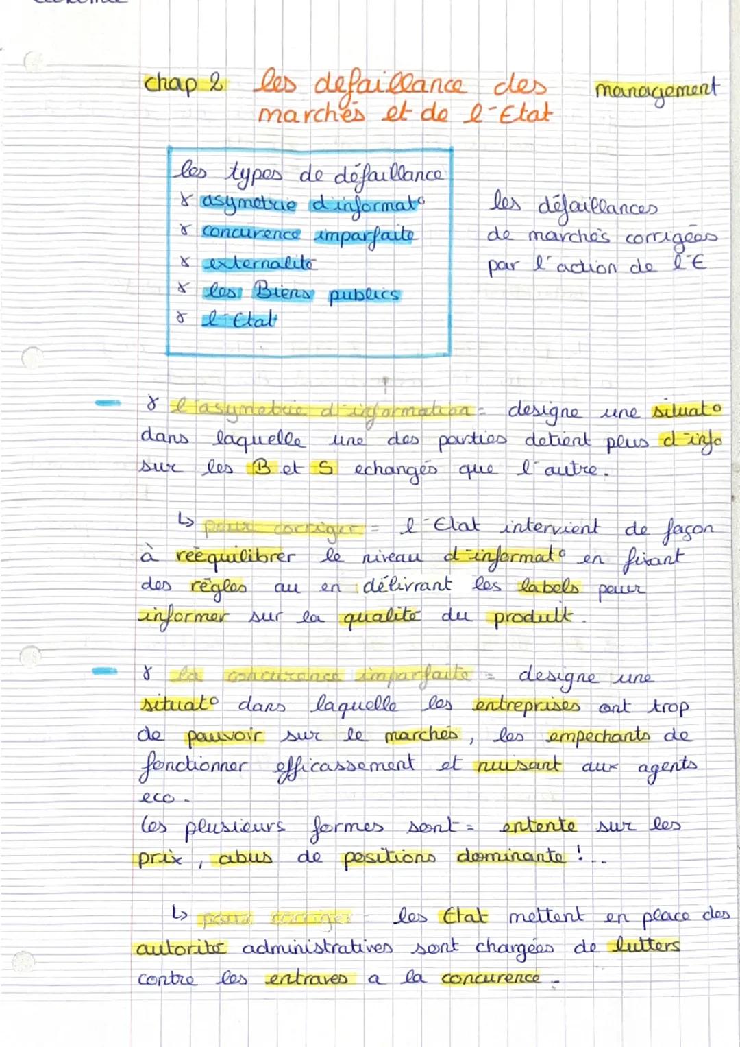 chap 2 les defaillance des
marches et de l'Etat
les types de défaillance
& asymetrie d informats
& concurence imparfaite
& externalite
& les