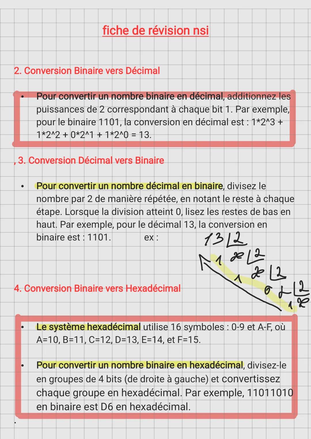 fiche de révision nsi
2. Conversion Binaire vers Décimal
Pour convertir un nombre binaire en décimal, additionnez les
puissances de 2 corres