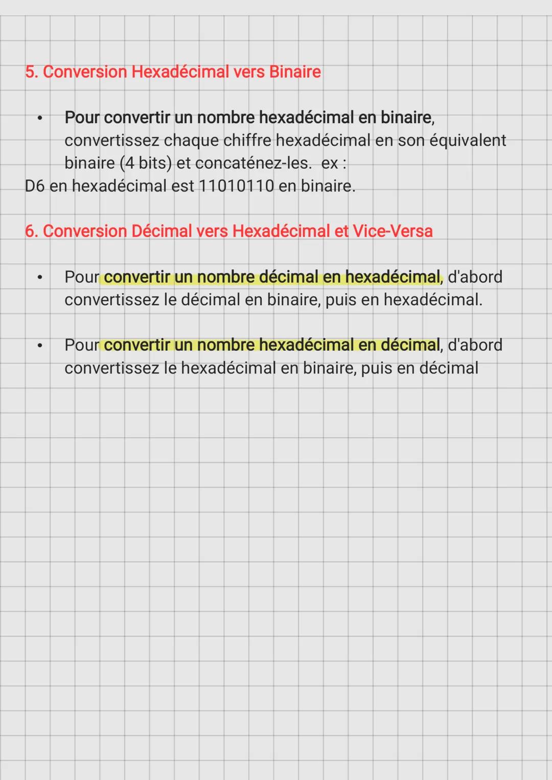 fiche de révision nsi
2. Conversion Binaire vers Décimal
Pour convertir un nombre binaire en décimal, additionnez les
puissances de 2 corres