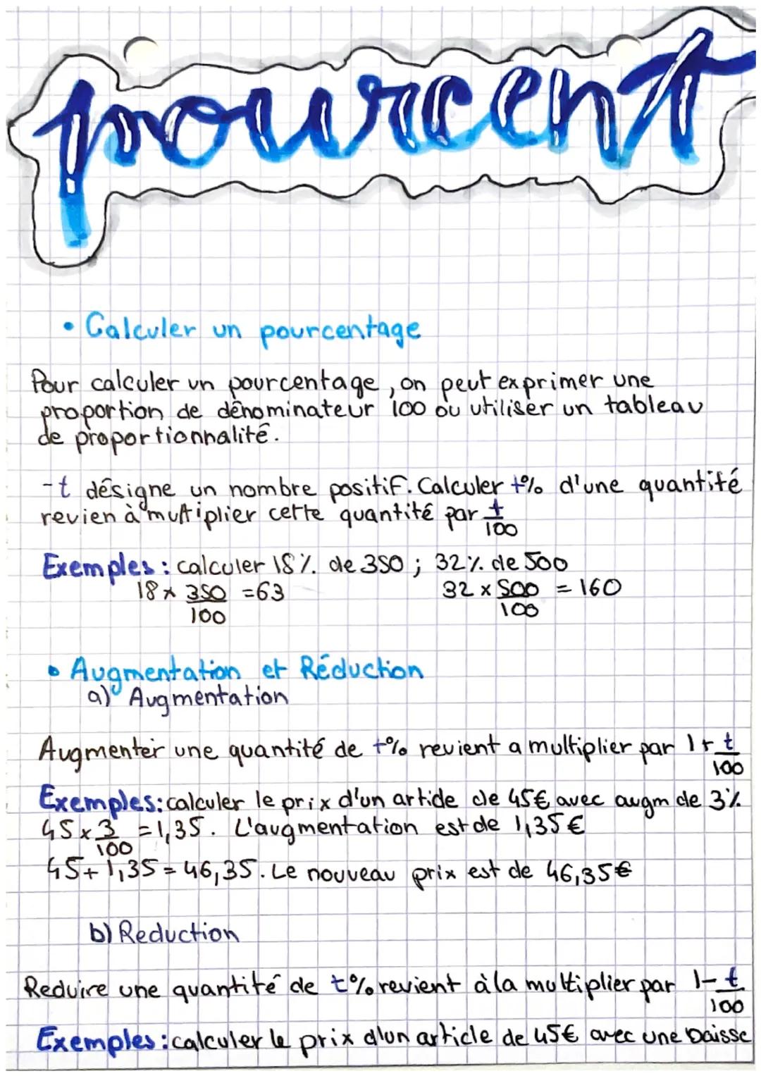 pourcent
• Galculer un pourcentage.
Pour calculer un
pourcentage, on peut exprimer une
proportion de denominateur 100 ou utiliser un tableau