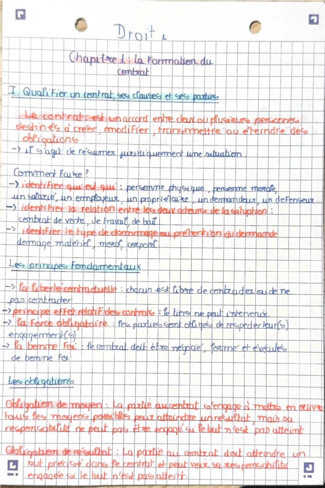 ร
2
Droit
Chapitre : La Formation du
Contrat
I. Qualifier un contrat, ses clauses et ses parties
Le contrat est un accord entre deux ou plus