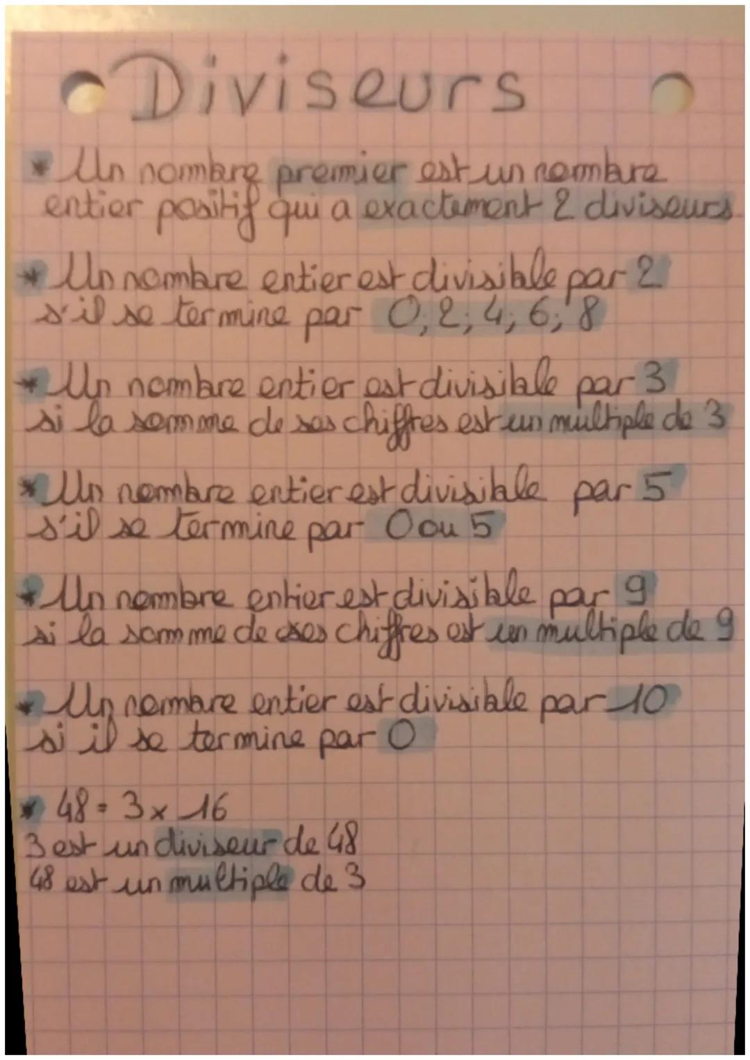 Diviseurs
Un nombre premier est un nombre
entier positif qui a exactement 2 diviseurs.
* Un nombre entier est divisible par 2
s'il se termin