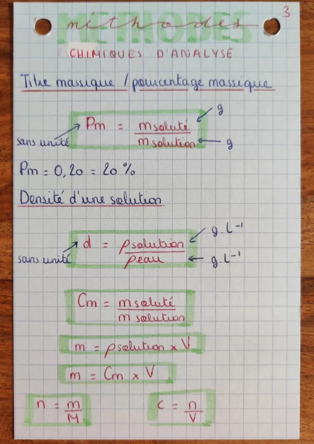 mich odes
CHIMIQUES D'ANALYSE
Titre massique / pourcentage massique
Sans unité
sans unité
Pm = 0,20 = 20 %.
Densité d'une solution
اور
Pm=
C