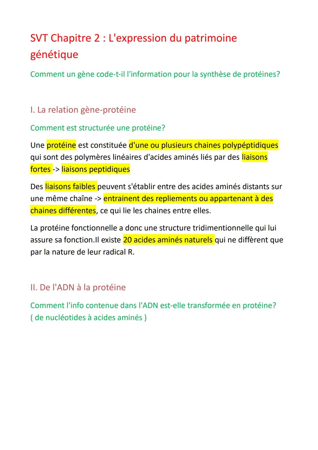 SVT Chapitre 2: L'expression du patrimoine
génétique
Comment un gène code-t-il l'information pour la synthèse de protéines?
I. La relation g