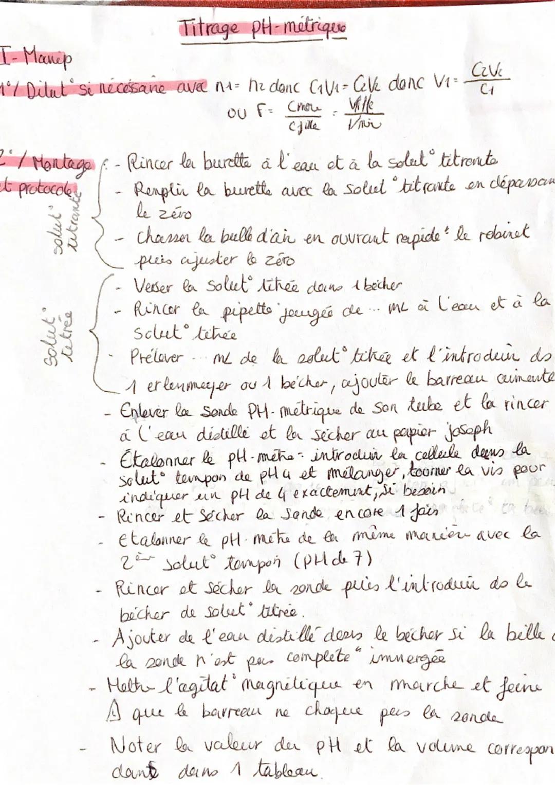 I- Manip
1°/ Dilut Si necessane avec m1= 1₂ donc C₁V₁= Cive donc V₁²
OU F= Crow - Ville
Chille
Vivi
soluts
2/ Montage f. - Rincer la burette