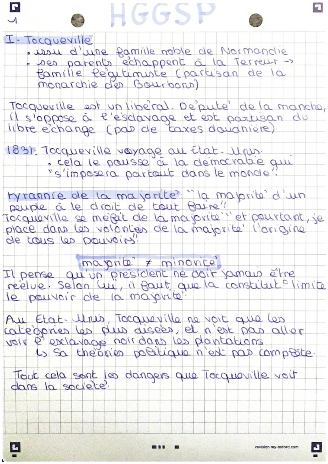 I- Tocqueville
·
HGG SP
issu d'une famille noble de Normandie
ses parents echappent à la Terreur ->
famille legitimiste (partisan de la
mona
