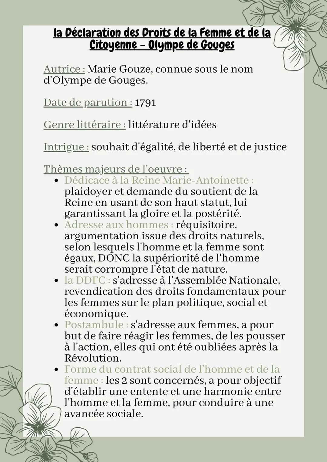 FRANCAIS - Fiche de lecture sur DDFC d'Olympe de Gouges
