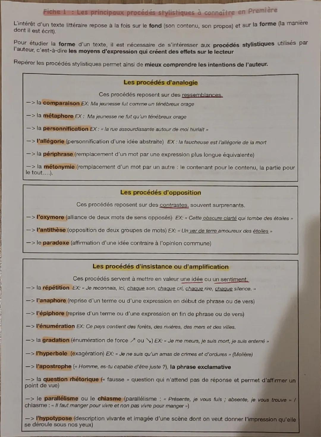 # Fiche 1: Les principaux procédés stylistiques à connaître en Première
L'intérêt d'un texte littéraire repose à la fois sur le fond (son c